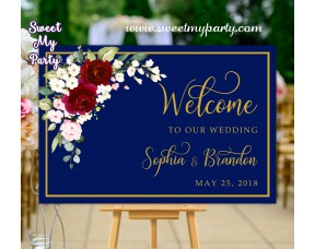 Navy Burgundy Wedding Welcome Sign,Welcome sign with Burgundy Flowers,(125aw)